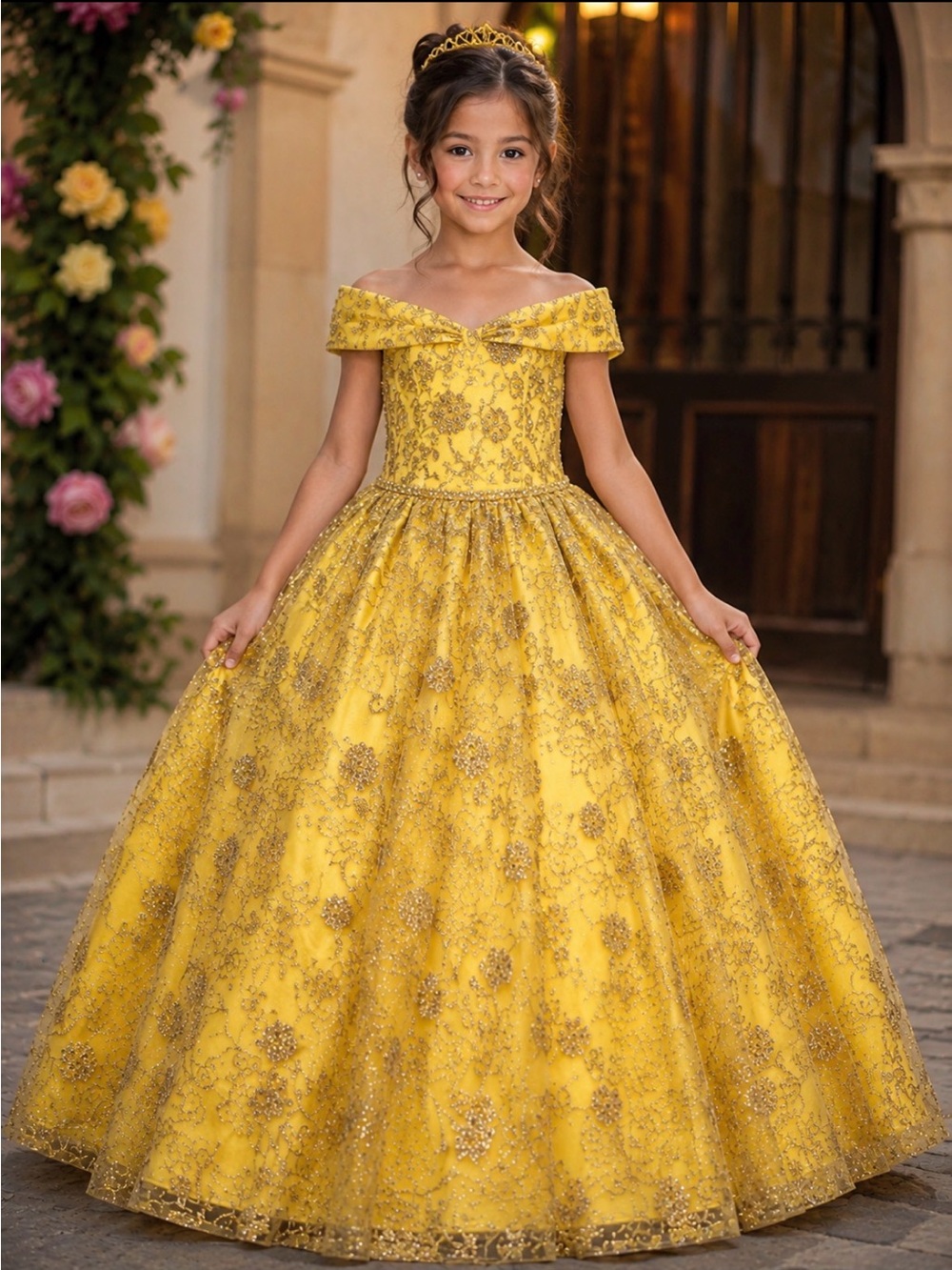 Girls' Off-Shoulder Yellow Sparkle Ball Gown Dress